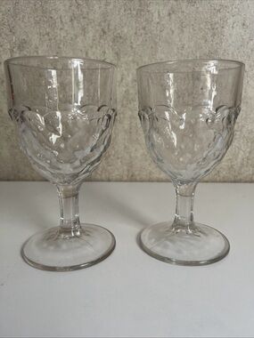 Clear Pressed Glass Goblet - Honeycomb Versatile Wine & Water Glass 6” Set of 2